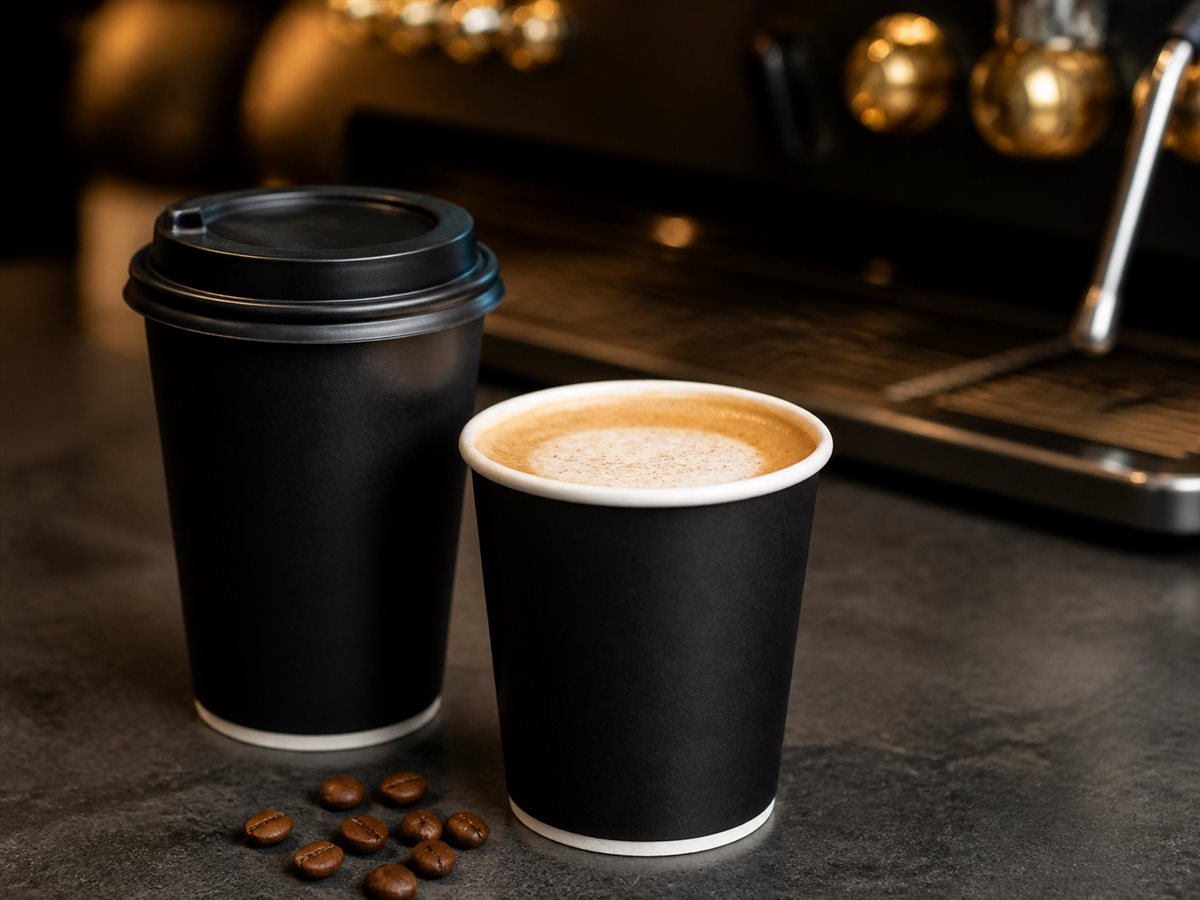 Fresh takeaway coffee in plain black cups